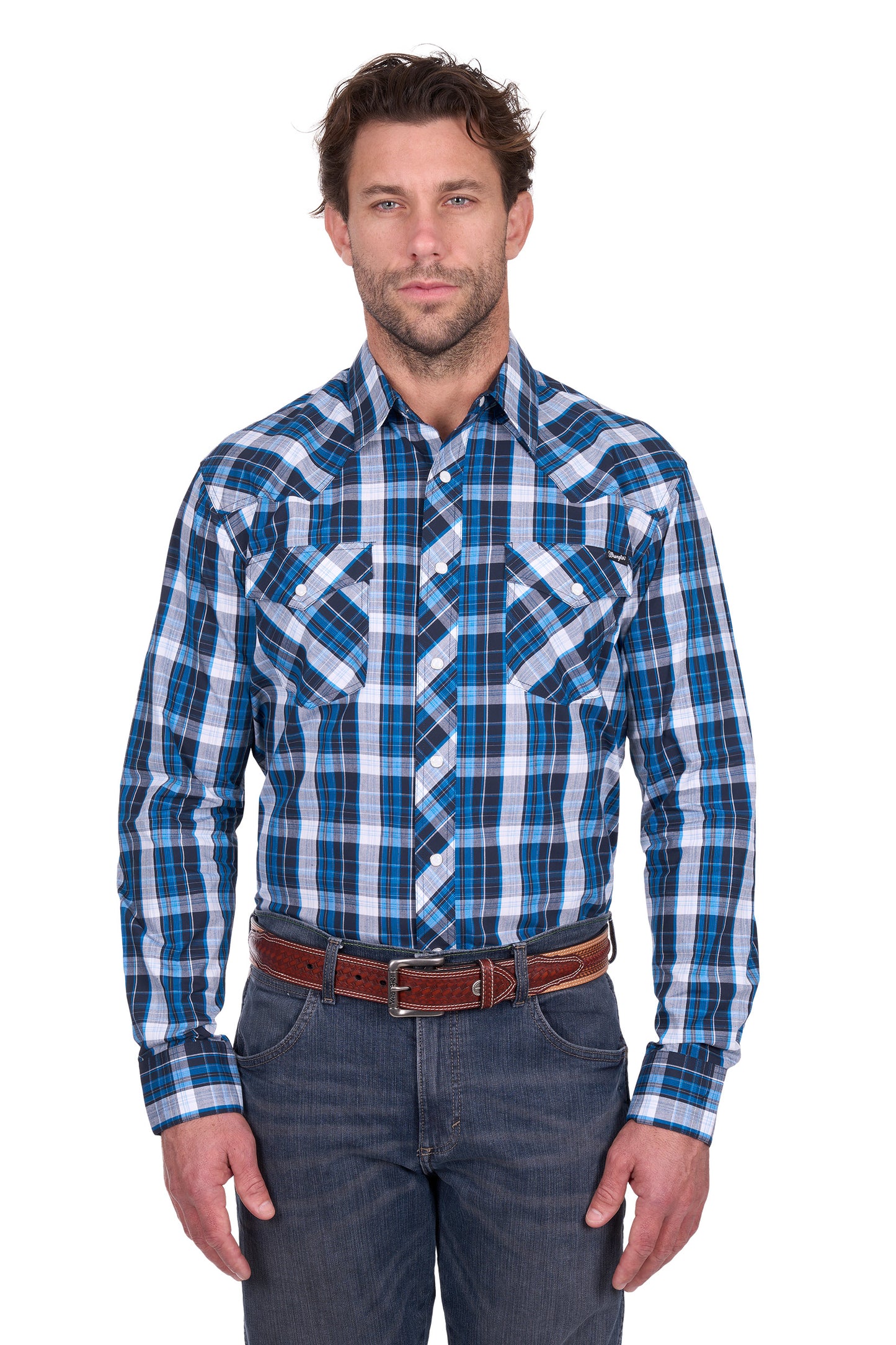 Wrangler Mens Tony Long Sleve Shirt in Navy and Royal Blue