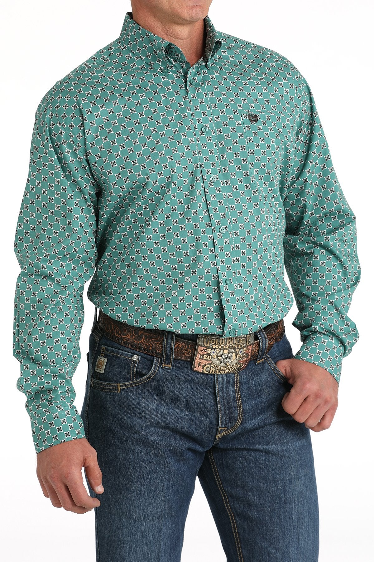 Cinch Mens Geometric Print Classic LS Stretch Shirt - Green