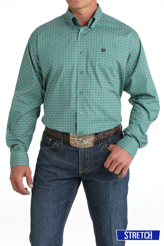 Cinch Mens Geometric Print Classic LS Stretch Shirt - Green