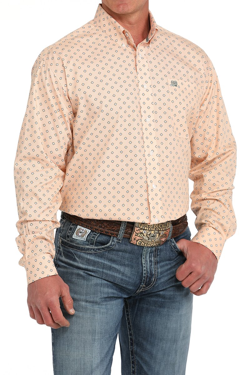Cinch Men's Geometric Print Button Down LS Shirt in Orange